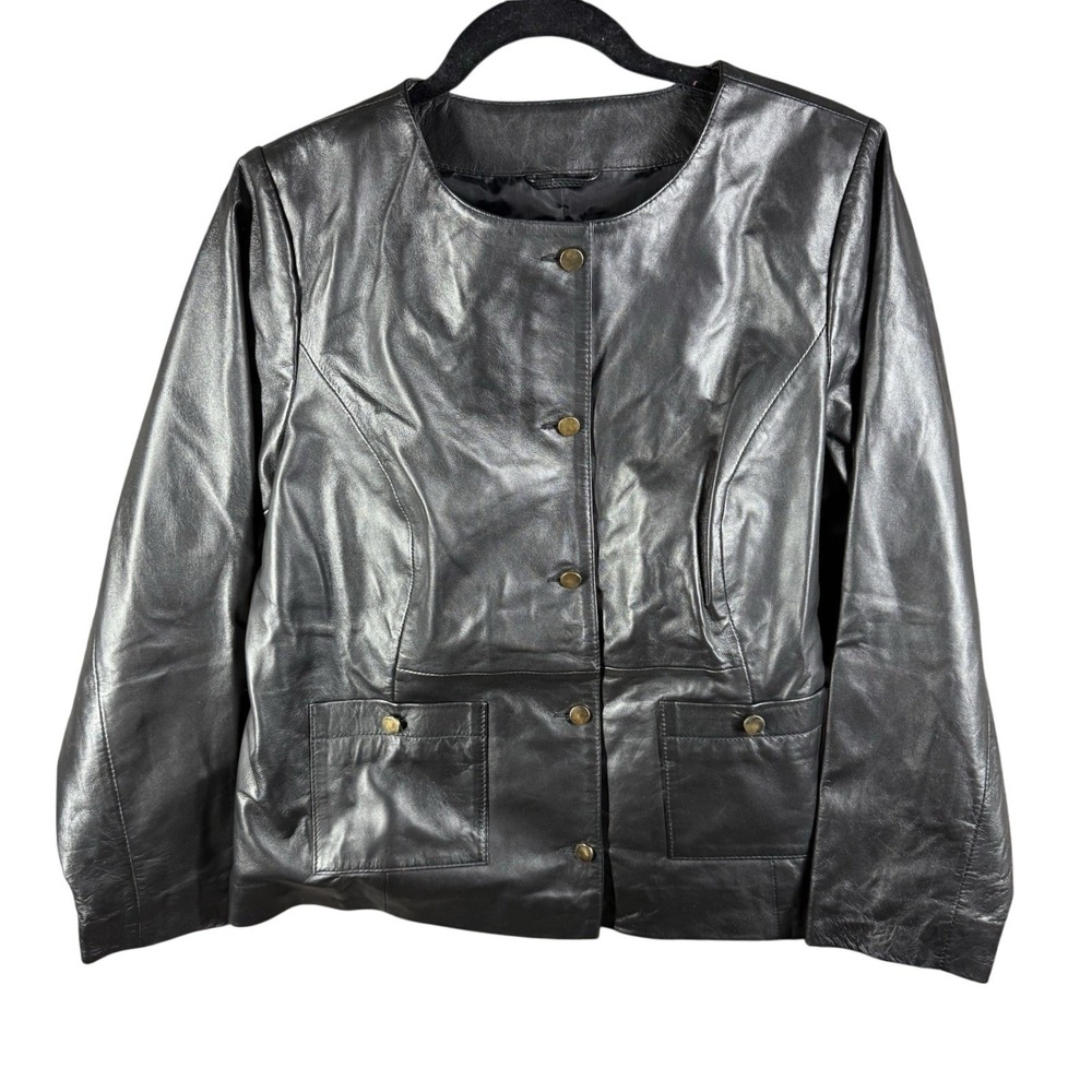 Jessica London‎ Leather Jacket Womens 12W Black Button Front Collarless